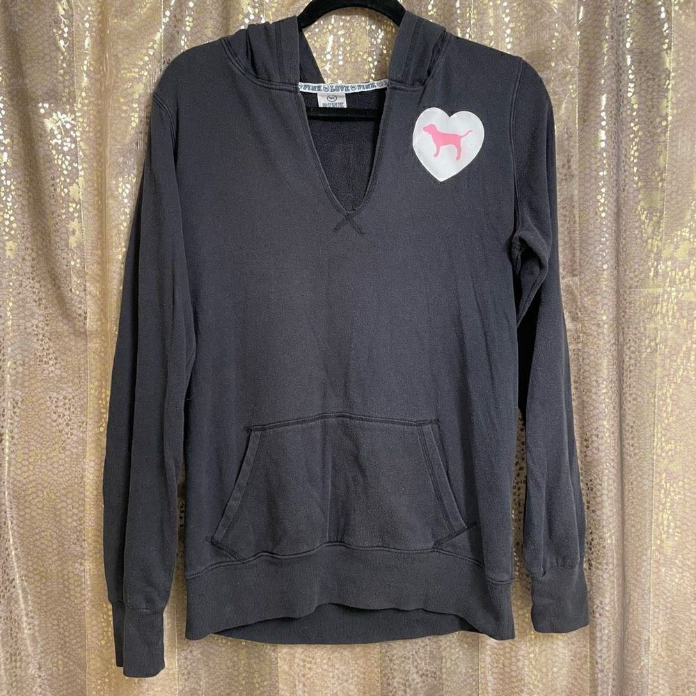 Vintage PINK Victorias Secret Black White Logo Pullover Hoodie Sweater, Small‎